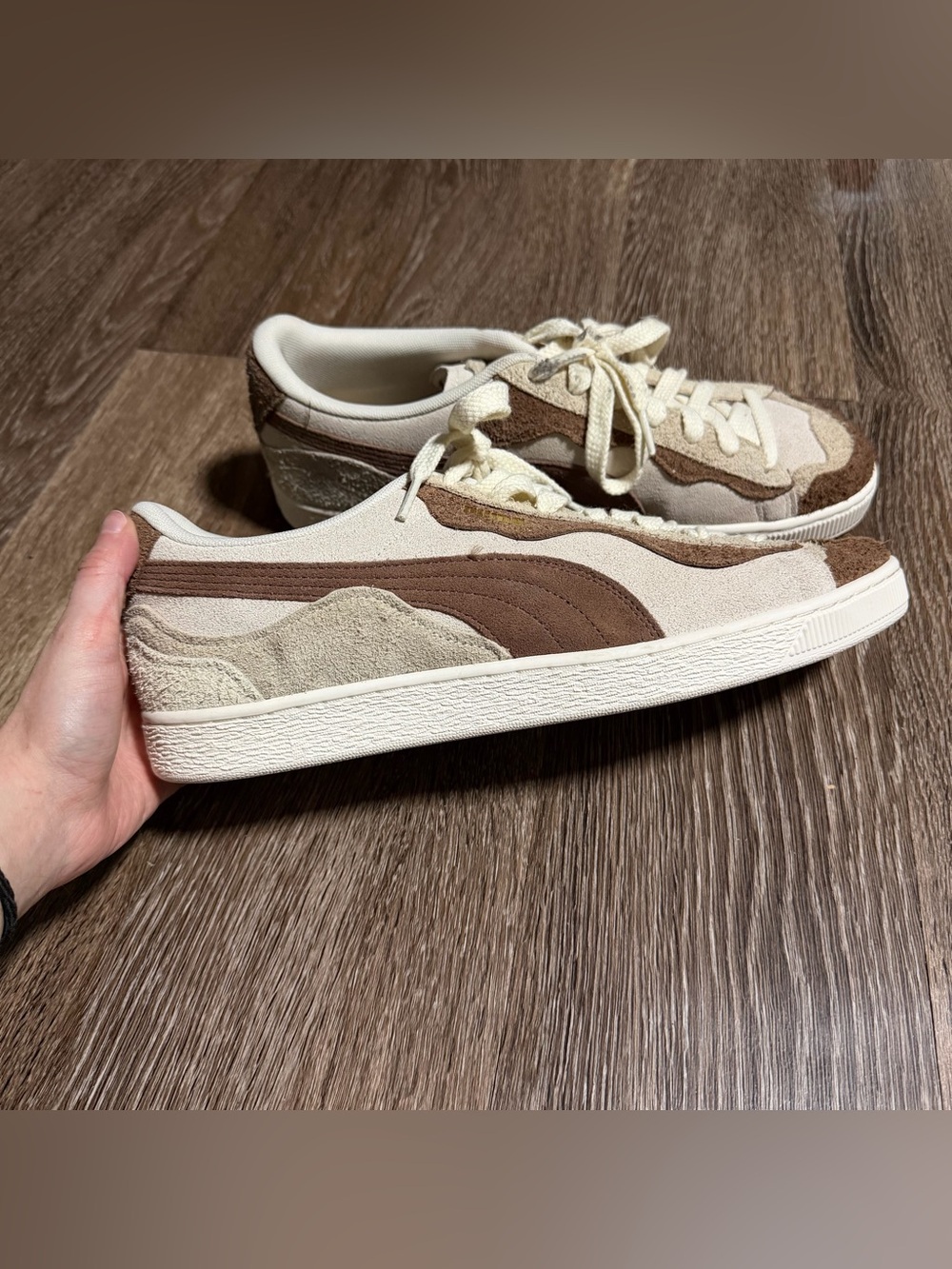 Puma suede classic brown and cream sneakers with brown and beige suede panels